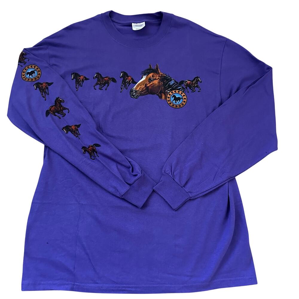 Vintage 90s Purple Horse Graphic Long Sleeve Tee L Galloping Western Y2K